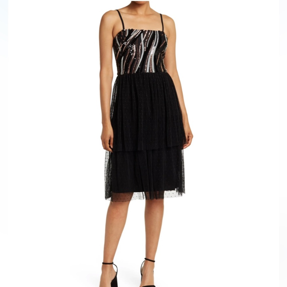 NWT DRESS THE POPULATION Block Print Tiered Dress Midi Sequin